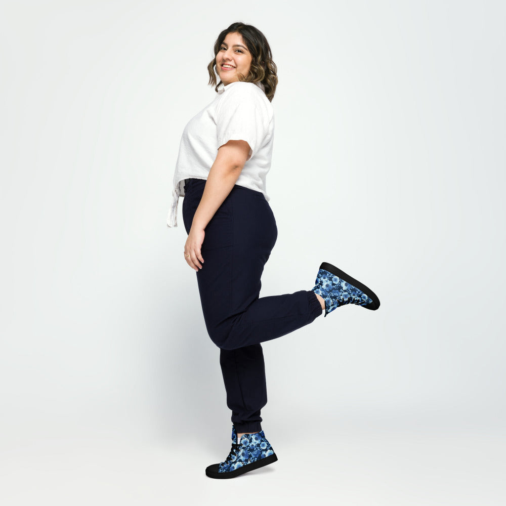 True Blue Floral Women’s High Top Sneakers - Black Color - https://ascensionemporium.net